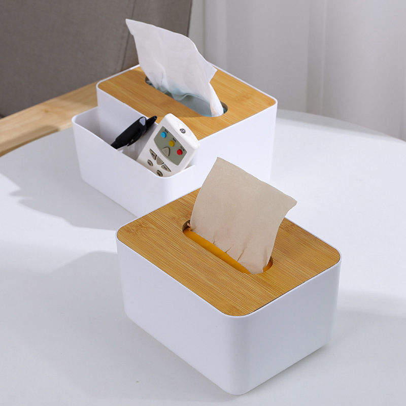 

Multifunctional Bamboo Cover Tissue Box Creative Desktop Pumping Box Household Living Room Simple Plastic Napkin Storage