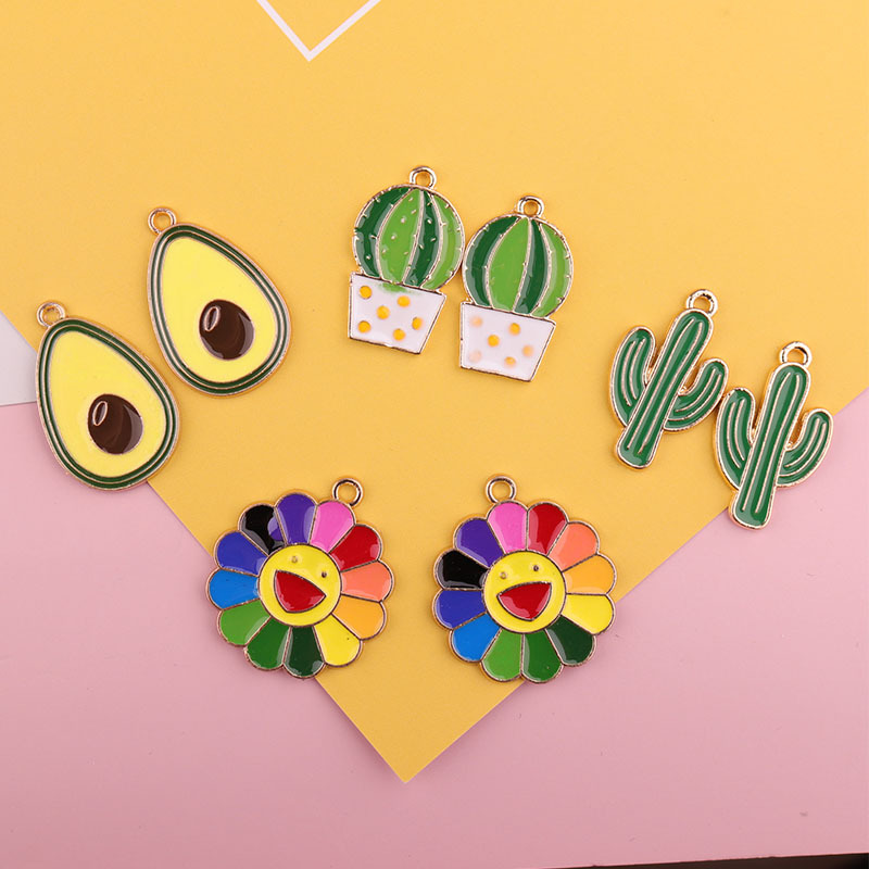

10pcs/lot Cactus Sun Flower Avocado Enamel Charms Fashion Jewelry Earring Bracelets DIY Making Golden Base