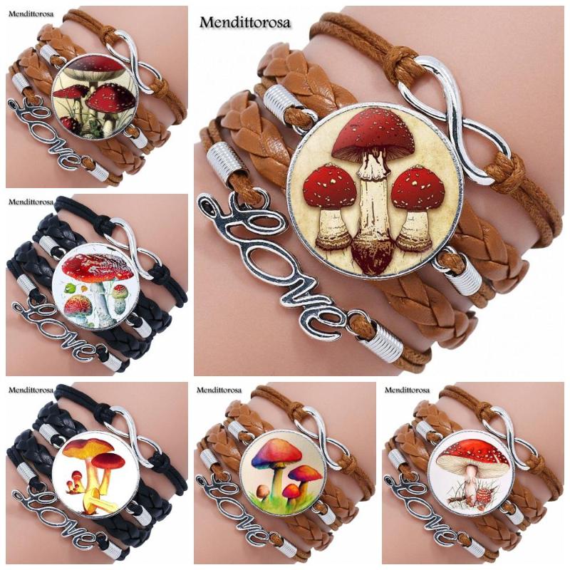 

Vintage Jewelry With Plated Glass Cabochon Maxi Multilayer Black/Brown Leather Bracelet Bangle For Girls Gifts Red Mushroom