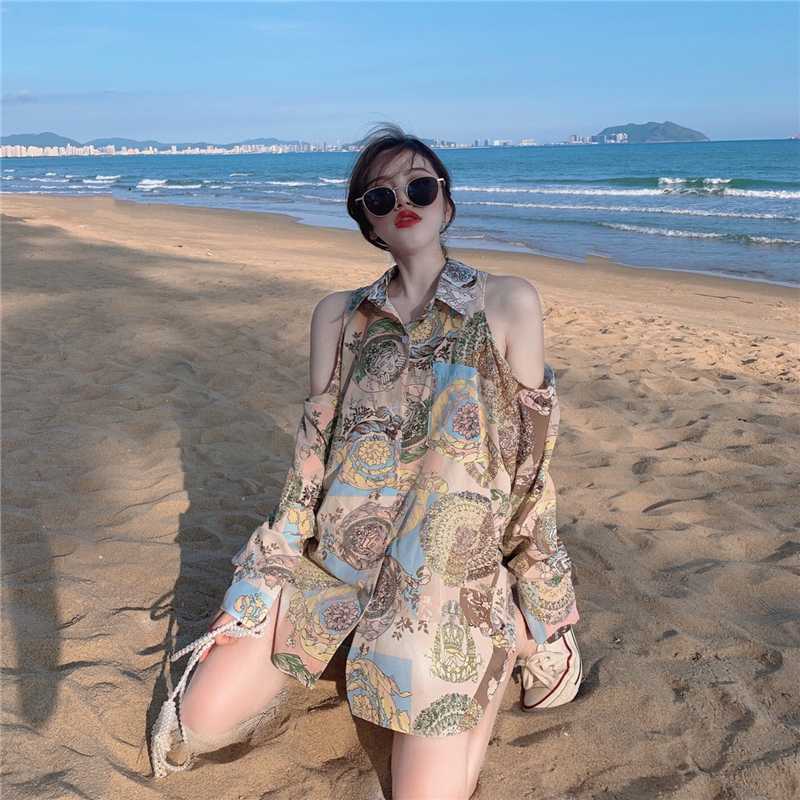 

Chic Off Shoulder Korean Clothes Loose Fashion Brand Hollow Out Print Women's Clothing Autumn Style Shirts Long Sleeve Blouses, Multi