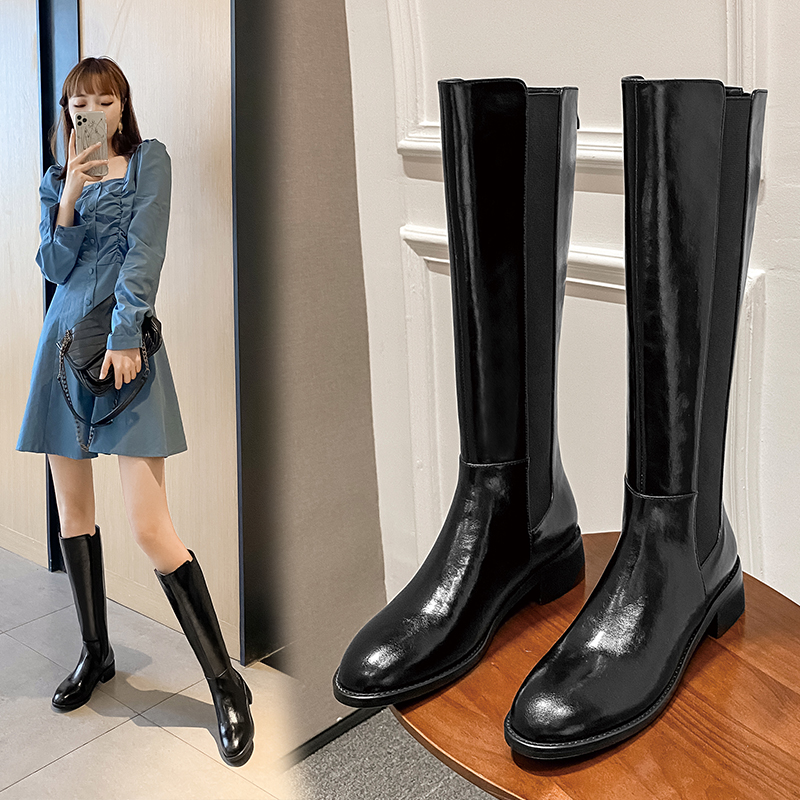 

2020 Winter Genuine Leather Long Boots Women Office Lady Round Toe Med Heels Shoes Female Platform Knee-High Boots New 34-42, 1 single