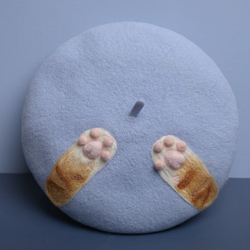 

Wool felt soft berets be hilarious express sister qiu dong painter hat cat balls cat claw cap by hand, Pale blue grey