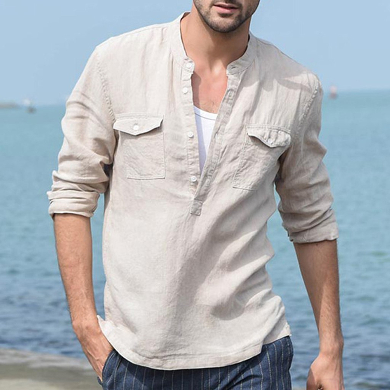 

New Men's Casual Blouse Cotton Linen Shirt Loose Tops Long Sleeve Tee Shirt Spring Autumn Summer Casual Handsome Men, Beige