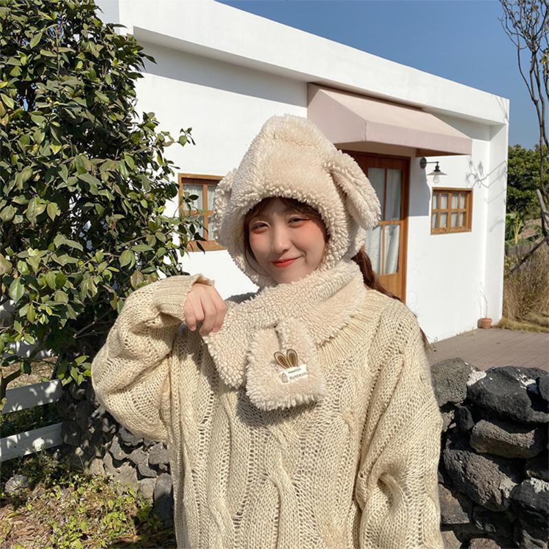

Hat scarf female winter cartoon sweet and ears thick warm two-piece ear protection ladies hat, Pink