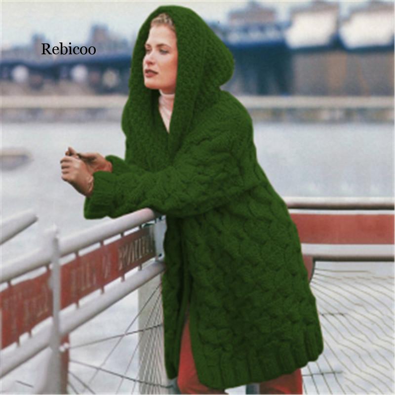 

Women Knitted Cardigan Winter Thick Warm Hooded Long Cardigan Female Long Sleeve Vintage Sweater Outwear Plus Size Coats, Black
