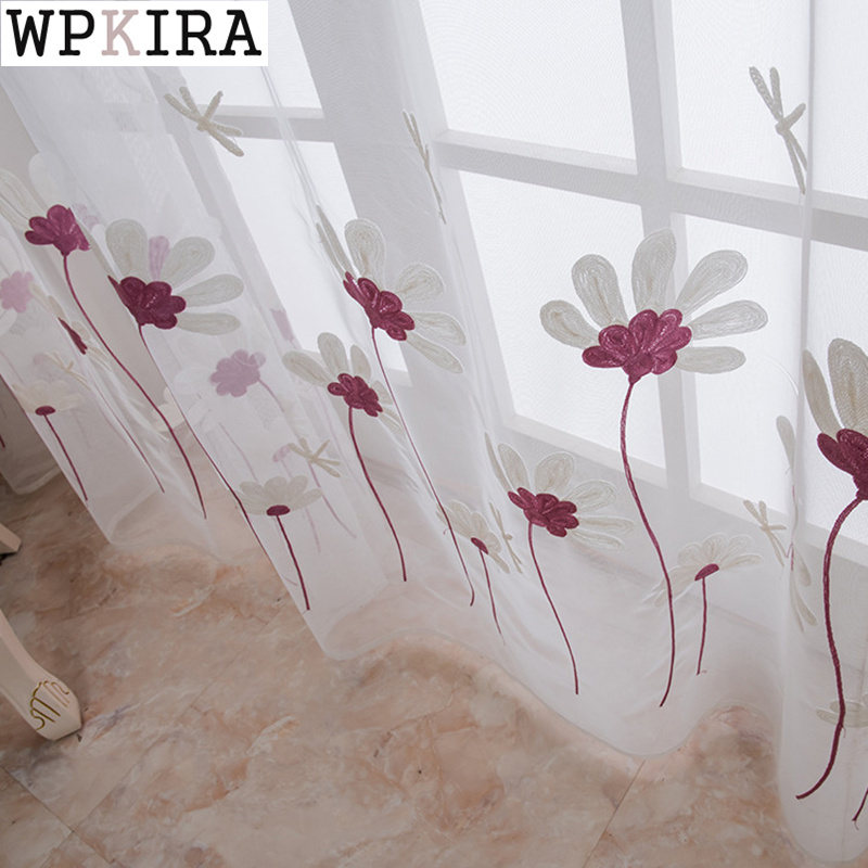 

Pastoral Floral Sheer Curtain for Living Room Mesh Fabric Drape Embroidery Tulle Curtain for Kitchen Bay Window Cortinas S492#40, Coffee tulle