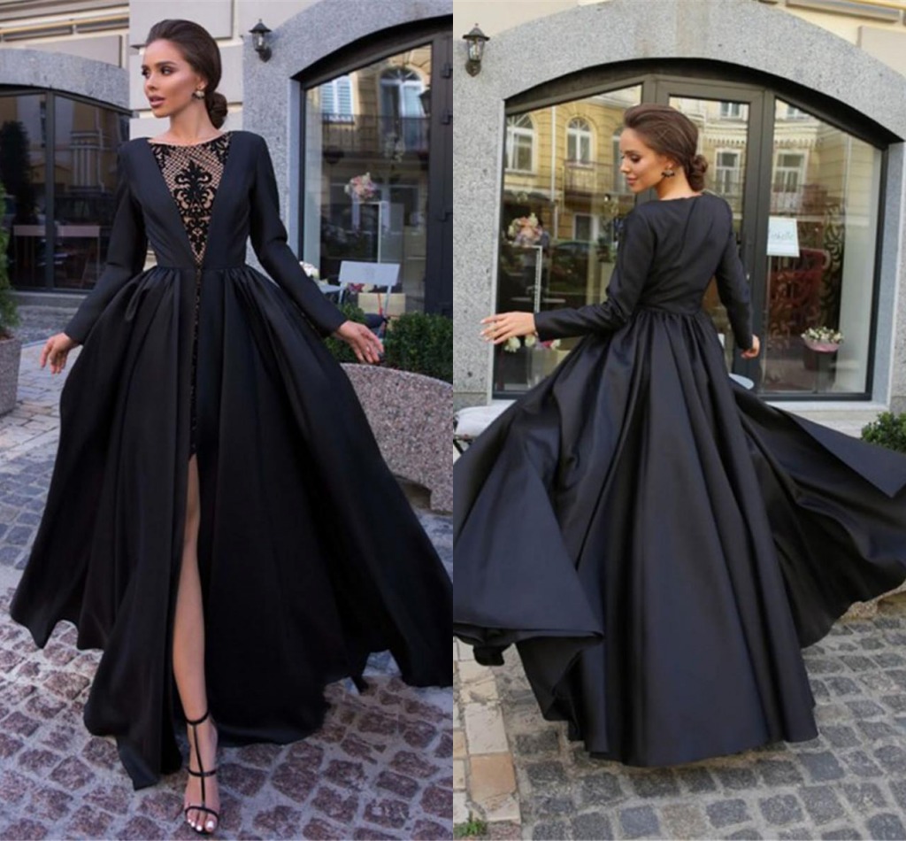 

Vintage Black Satin Evening Dresses Long Sleeves Lace Appliques Pleated Prom Party Gowns Sexy High Split A Line Women Special Occasion Celebrity Formal Wear AL6729, Red