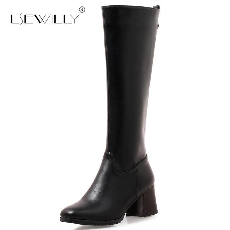 

Lsewilly Women Knee High Boots Plus Size 32-46 Casual Shoes Footwear Shoes Square toe Thick Heel Zipper Winter Warm S827, Black