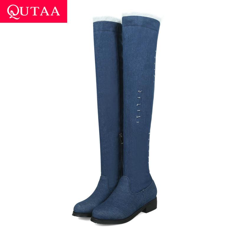 

QUTAA 2020 Denim Warm Fur Zipper Autumn Winter Women Shoes Fashion Square Heel Round Toe Over The Knee High Boots Big Size 34-43, Light blue