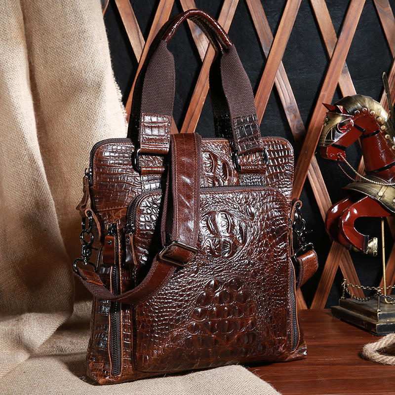 

New leather men's bags, men's business briefcases, crocodile pattern handbags, first layer cowhide shoulder messenger bag, Brown