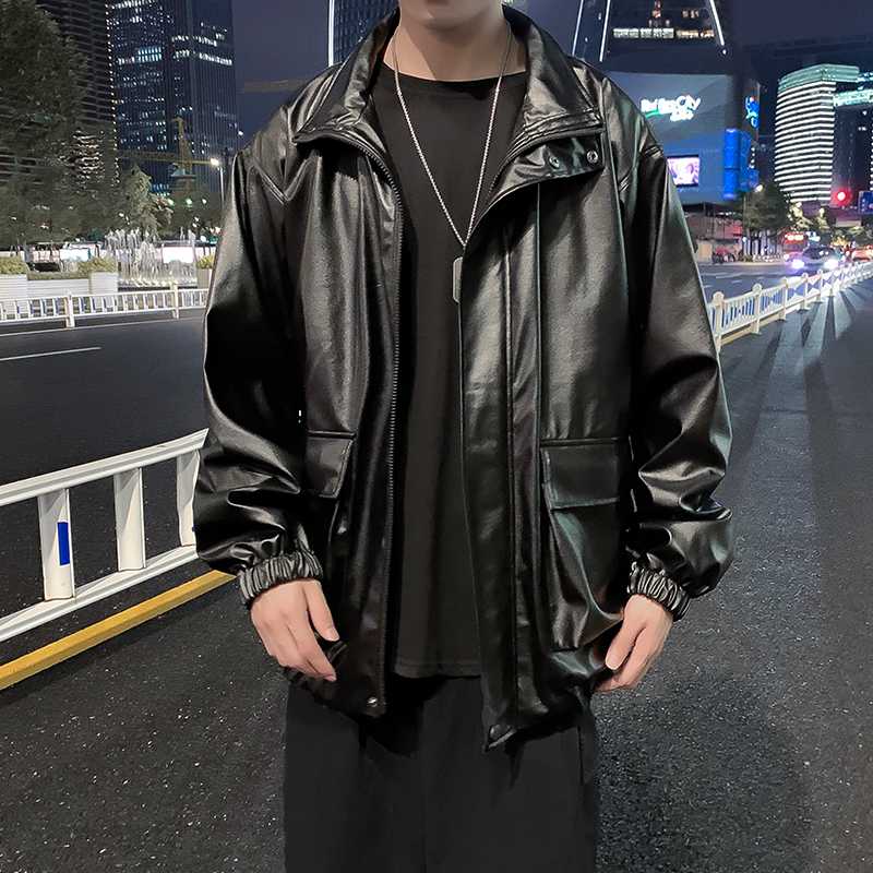 

Oversized Faux Leather Jackets Mens Casual Loose Windbreaker Coats mens 2020 Autumn Hip Hop Men's Jackets, Black