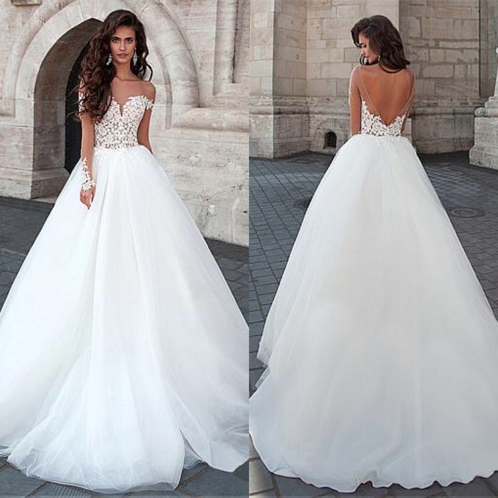 

Attractive Tulle Bateau Neckline Ball Gown Wedding Dresses With Lace Appliques Backless Bridal Gowns Robe De Mariage, Ivory