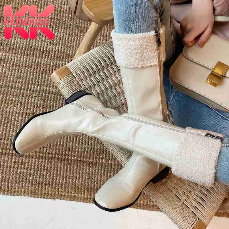 

KemeKiss Real Leather Women Knee Boots Flats Rouns Toe Zipper Shoes Winter Warm Boots Women Fahion Party Footwear Size 33-40, Beige