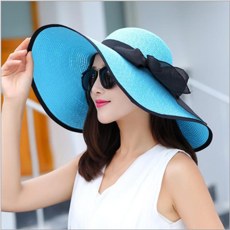

Summer Cap Female Seaside Big Hat Sunscreen Outdoors Straw Cap Handmade Fresh Korean Dome Foldable Bow-knot Casual Girls Blue, Khaki