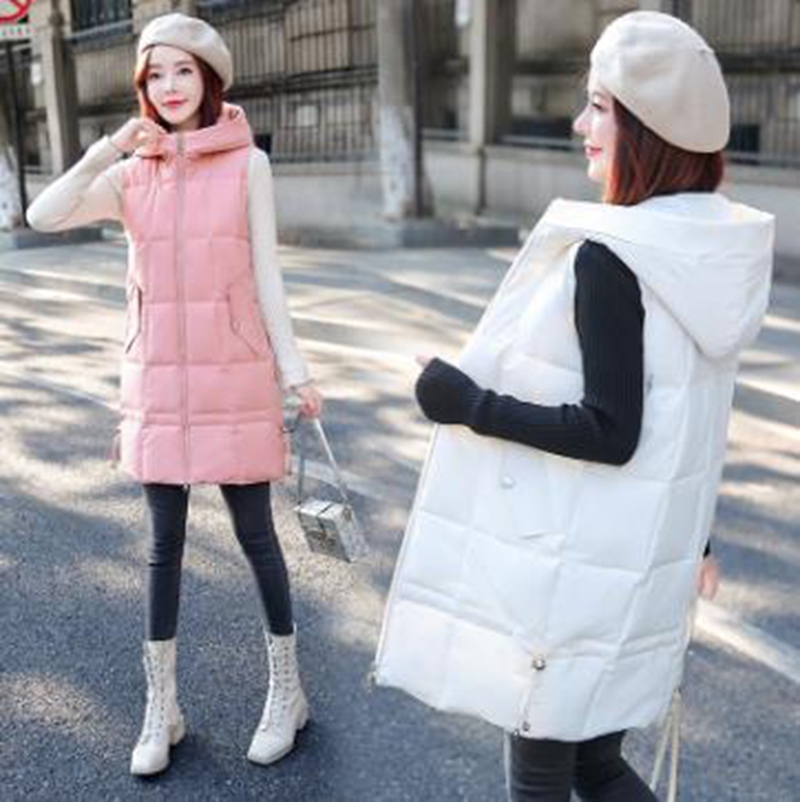 

Wholesale fashion new women's autumn and winter mid-length hooded hem lace mid-length thick cotton vest jacket, White