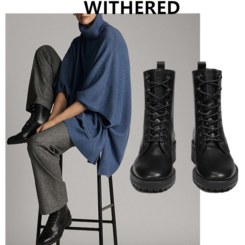 

Withered england vintage fashion cowhide High top boots Motorcycle ankle boots women shoes woman botas mujer shoes women, Black