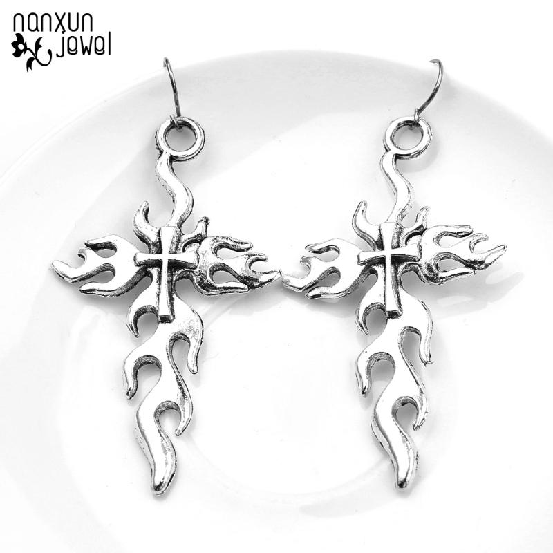 

European American Punk Rock Girls Flame Cross Dangle Earrings Harajuku Vintage Silver color Metal Geometric Drop Earring Jewelry