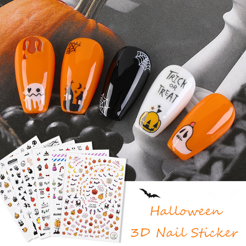 Halloween 3D Nail Art Sticker Skull/Pumpkin/ Fairy Witch/Cat Adhesive Self Nail Art Lace Stickers Decals DIY Decorations F733-image-585285266