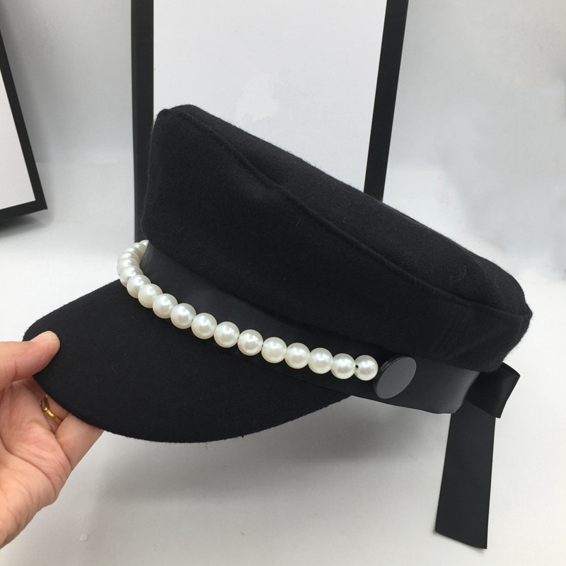

About web celebrity style wool navy hat popular pearl decoration elegant fashion cap bowknot is light and decoration Visors, Black