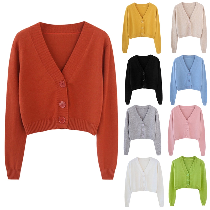

Women Autumn Long Sleeve Sweater Cardigan Sexy V-Neck Button Down Cropped Jacket Sweet Solid Candy Color Loose Knitted Outwear, Black