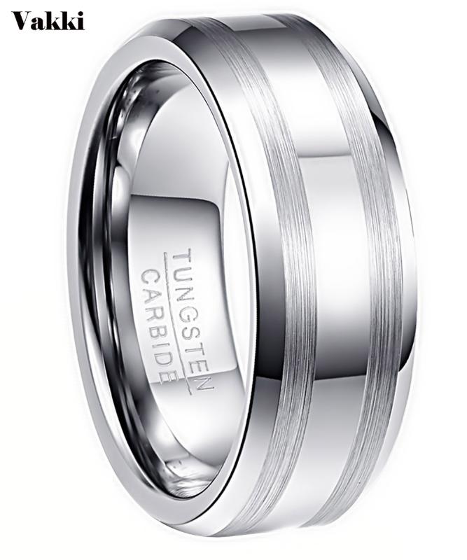

VAKKI Men's 8mm Polished Tungsten Carbide Ring Wedding Band Rings Beveled Edge Satin Brushed Stripes Size 6 To 14