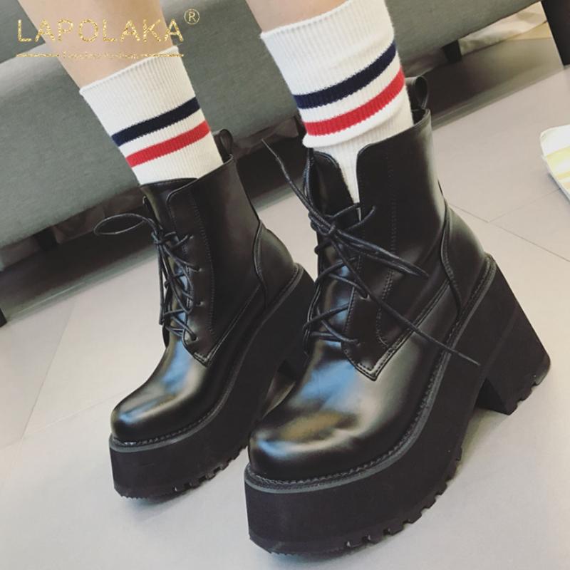 

Lapolaka 2020 Hot Sale Square Heels Lace Up Ankle Boots Woman Shoes Platform Solid Spring Autumn Fashion Shoes Ladies Boots, Black