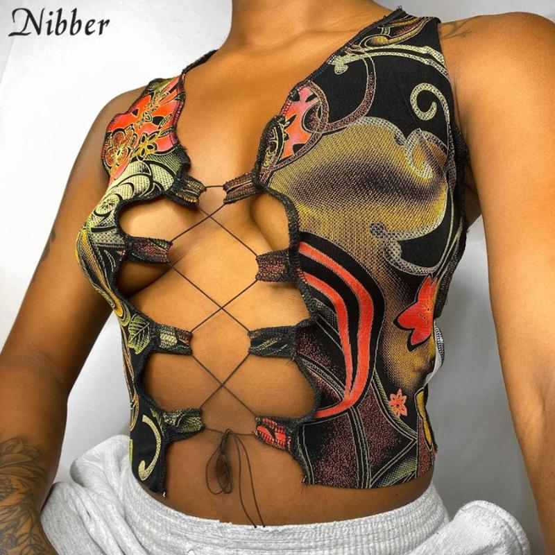 

Nibber Fashion Graphic Pattern Cross Lace Up Hollow Sleeveless T-shirt for Women Hot Sexy Print Slim Skinny Crop Tank Top Mujer, Blue
