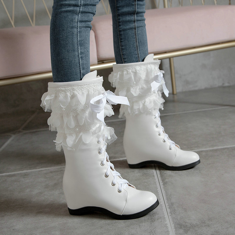 

DEAT 2020 New Spring Autumn Fashion Casual Solid Color Wedge Lace Sweet Round Toe White Medium Boots Women SF526, Black