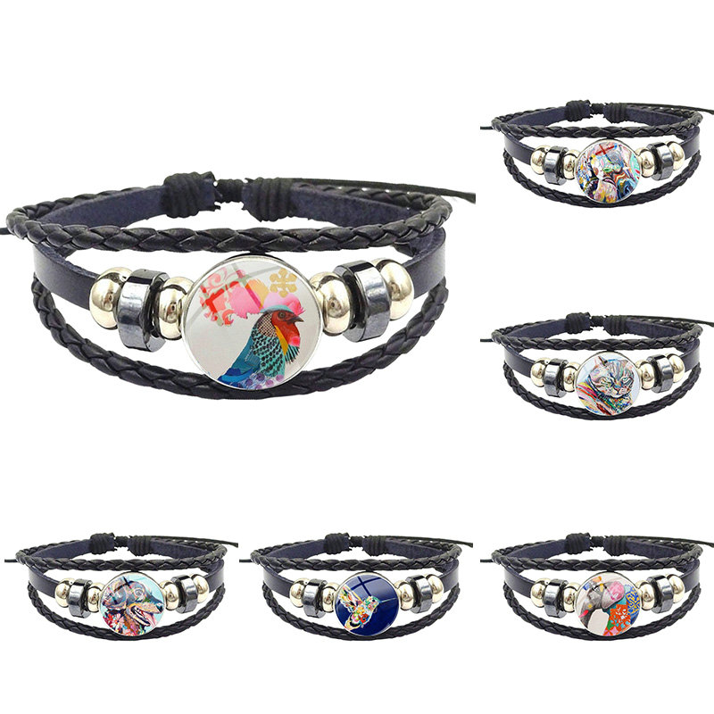 

Brand Jewelry With Plated Glass Cabochon Black Leather Bracelet Bangle For Valentine'S Day Gift Oil Painting Animal Photo
