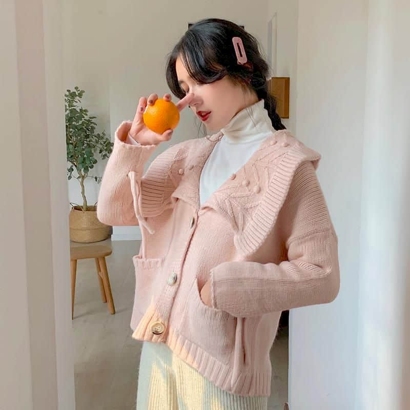 

Women' sweater slim retro gentle and sweet cute lotus leaf sweater cardigan flower collar wool 2020 autumn new, Pink