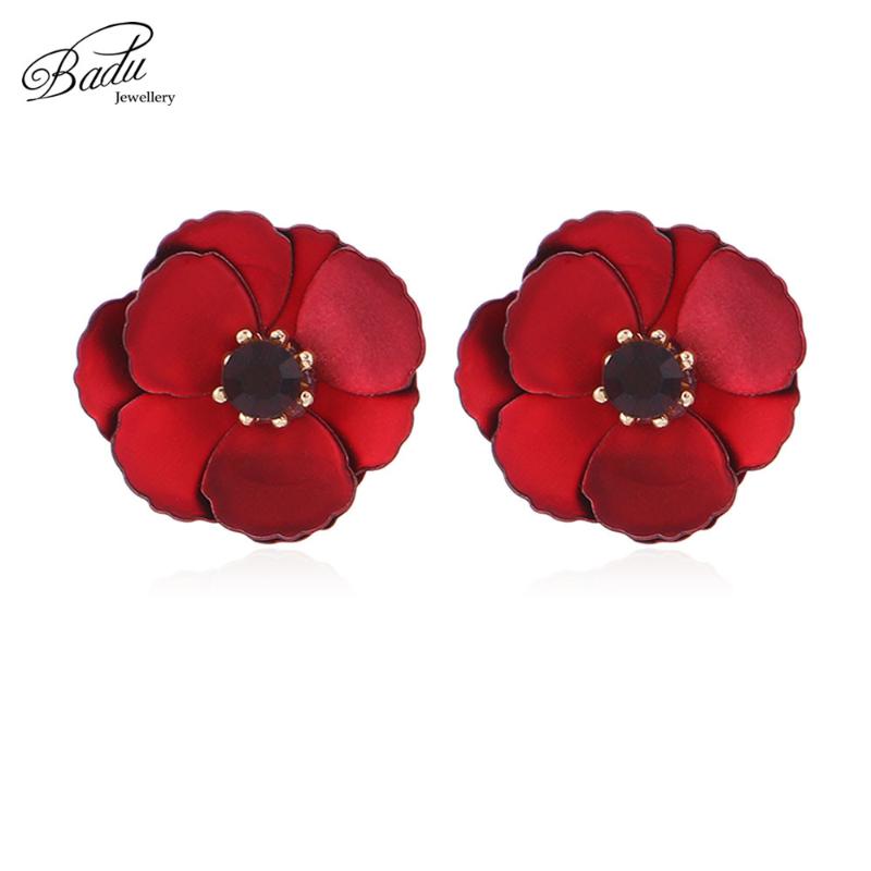 

Badu Red Flower Earrings for Women Korean Style Crystals Small Floral Earrings Elegance Party Jewelry Romantic Gift for Girls