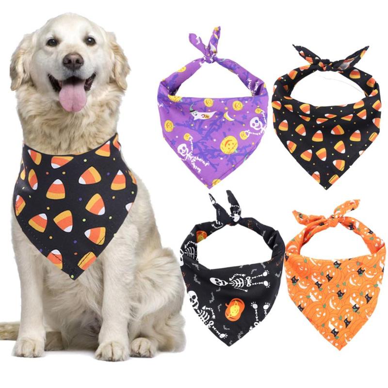 

Qinju 4pcs Pet Bandanas Halloween Scarf Triangle Bibs with Pumpkin Skull Ghosts Bat Printed for Small Medium Large Cats and Dogs