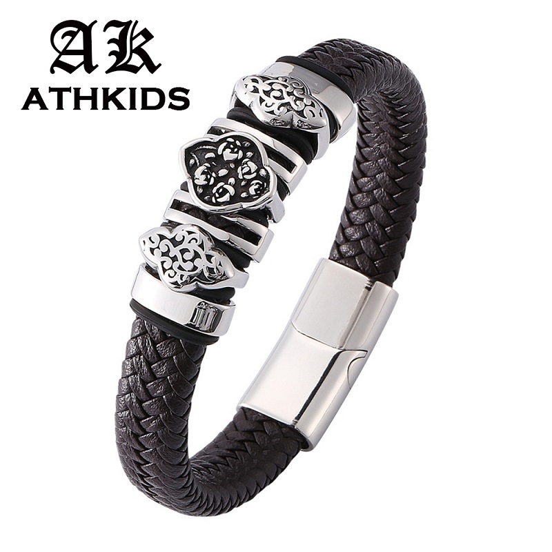 

Fashion Brown Braided Leather Bracelet Men Jewelry Stainless Steel Charm Bracelets with Magnet Clasp Bangles 165-205 mm PB0128