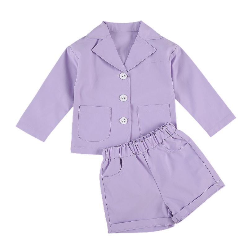 

Child Kid Girl Clothes Set 1-6T Blazer Shorts Suit Autumn Spring Solid Purple Long Sleeve Buttons Top Clothing Outfits 2PCs