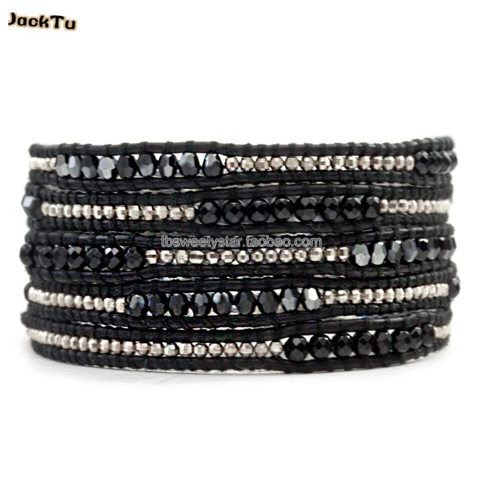 

vintage style black crystal beads leather cord bracelet on black leather