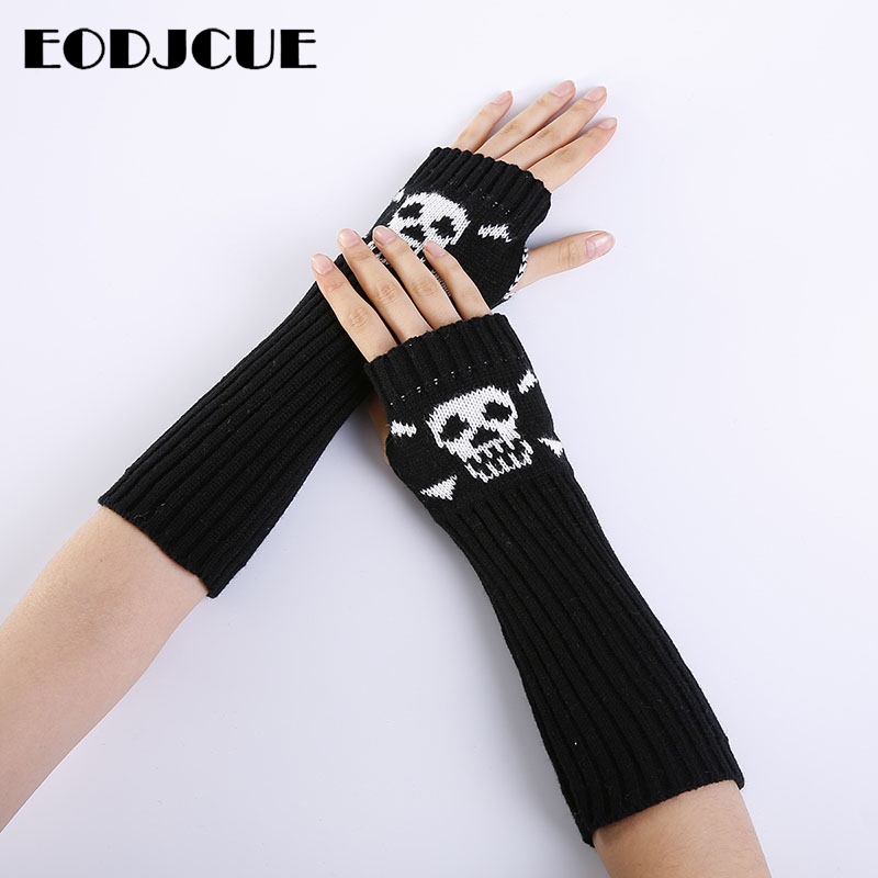

Autumn Winter Warm Women Ladies Girl Solid Color Caribbean Skull Gloves Arm Warmer Long Fingerless Knitting Wool Mittens
