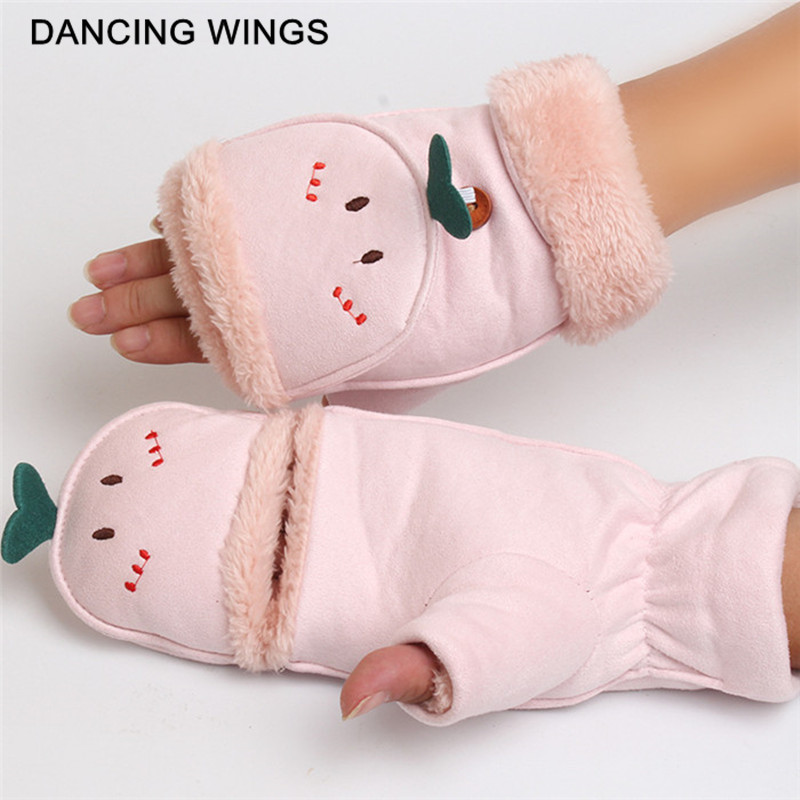 

Winter Warm Thick Women Soft Plush Suede Leather Glove Outdoor Sports Ski Mittens Cute Fingerless Gloves Student