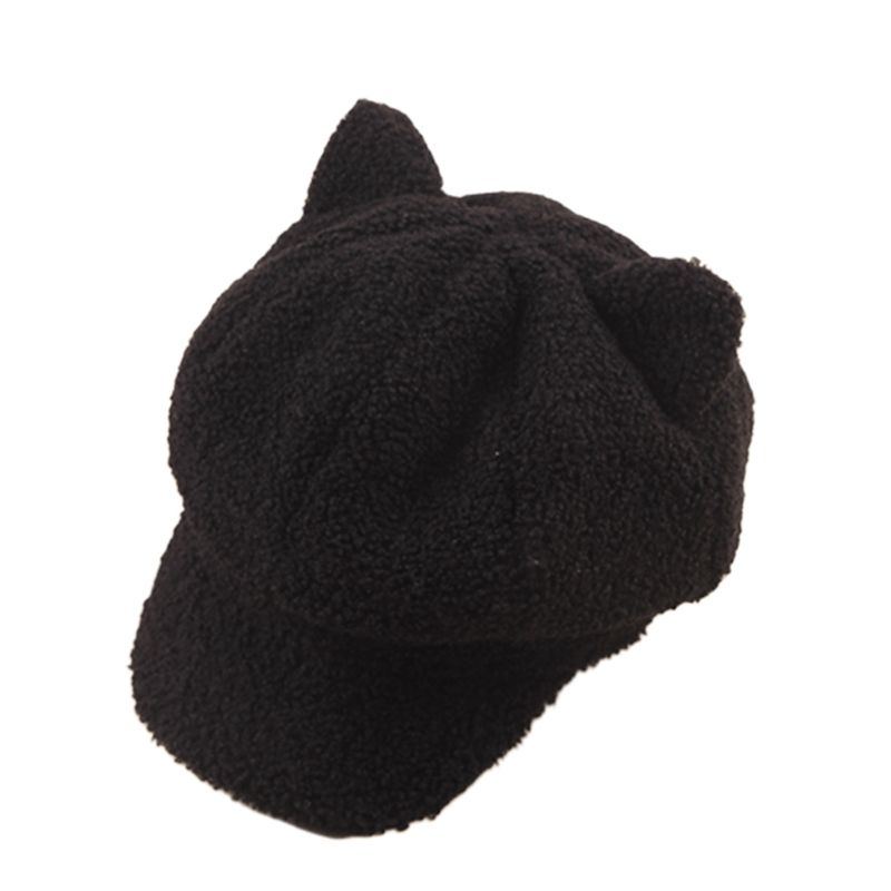 

Women Girls Winter Faux Wool Warm Beret Cap Cute Cat Ears Octagonal Pumpkin Hat, Black