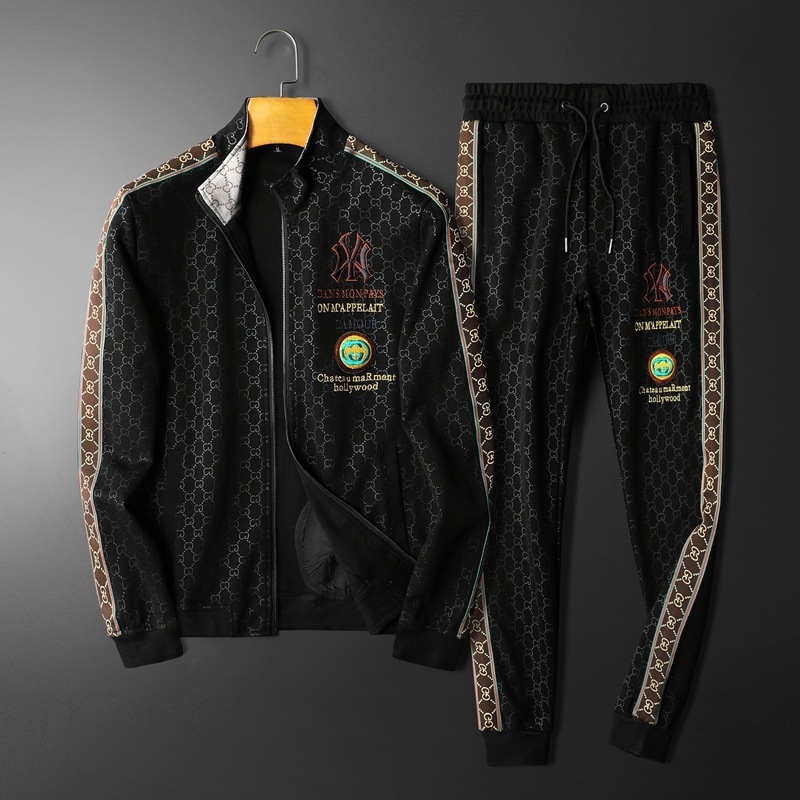 

2020 Autumn and Winter new fashion printing embroidery men's leisure sports long sleeve leisure suit -xxxl, Black