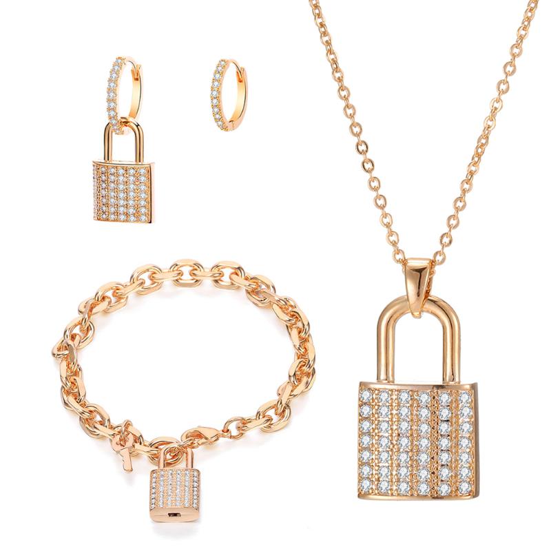 

Luxury Small CZ Lock Jewelry Set Cubic Zirconia Pendant Choker Necklace Gold Color Bracelets Earrings sets For Women Accessories, As pic