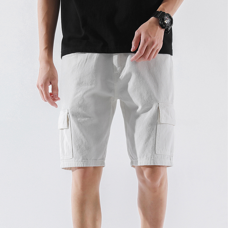 

2020 Summer New White Jeans Shorts Men Tooling Style Big Pocket Fashion Casual Cotton Classic Denim Shorts Male Brand Clothes, Black