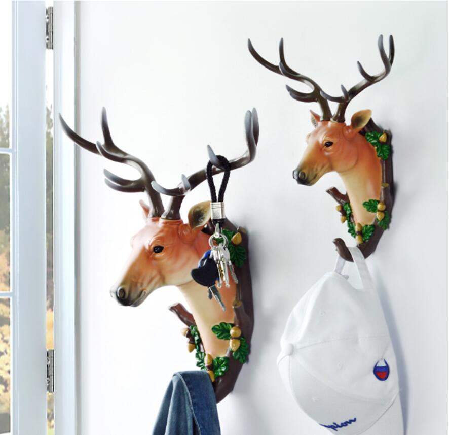 European style creative porch Hooks living room bar background three dimensional Home Storage simulation deer head pendant wall decoration-image-581358128