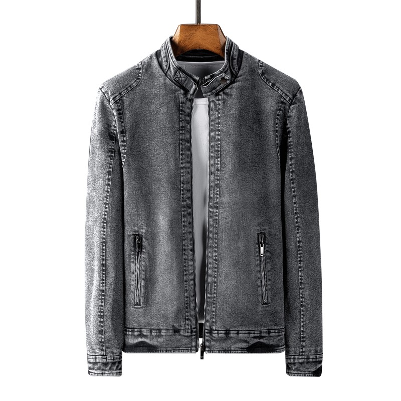 

2020 Autumn Casual Denim Jacket Men Urban Leisure Slim Stand Collar Solid Color Men Denim Jacket Zipper Mens, Black