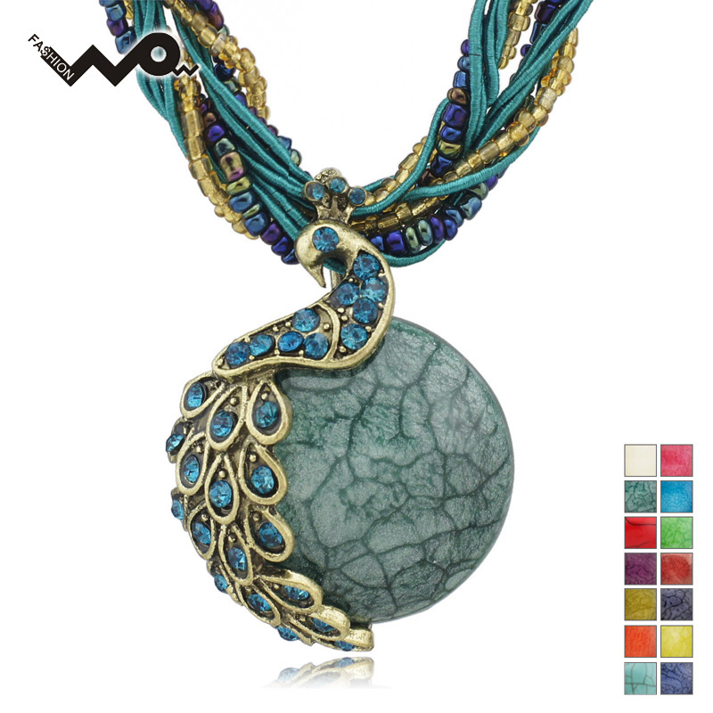 

Women Vintage Peacock Crystal Bohemia Rhinestone Glass Beads Cord Rope Chain Pendant Clavicle Necklace Free Shipping B001