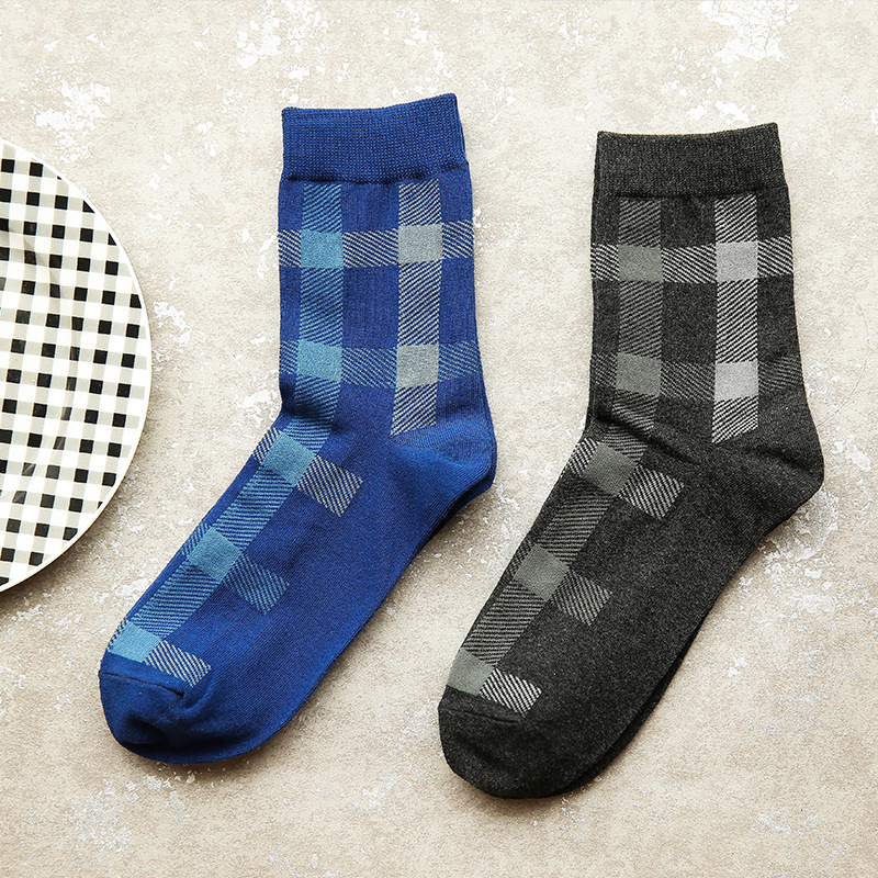 

1Pair/lot Fashion Gird Cotton Socks For Men Blue Black Socks Casual Classic Business Mujer Winter Soft Calcetine