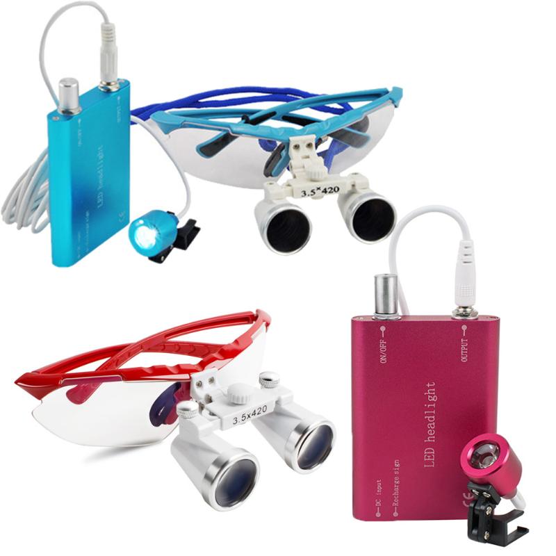 

3.5X Loupes Lupen Optical Glasses 420mm with LED Head Light Blue/Red