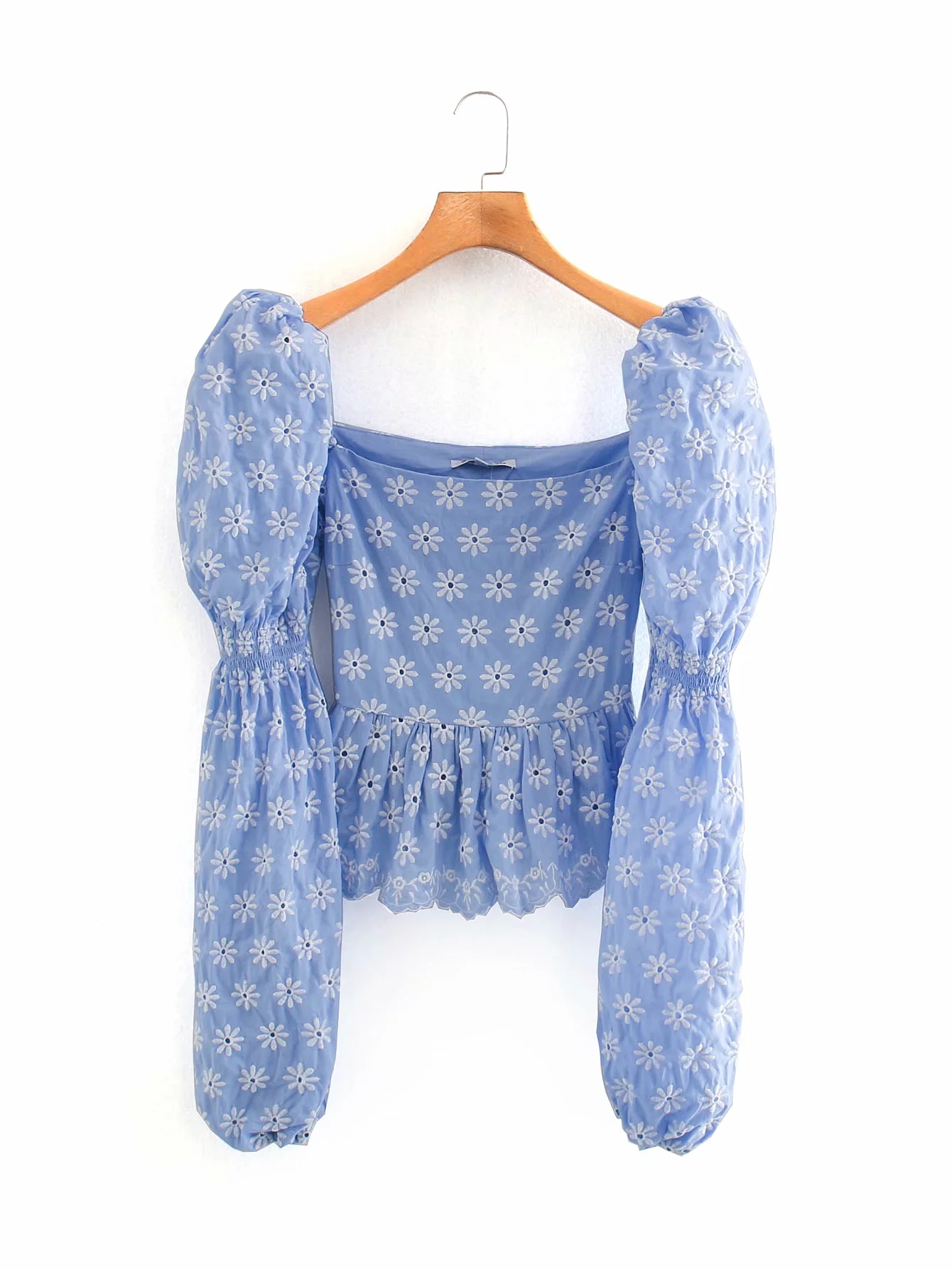 

2020 Blue White Sexy Women blouses Fall new women's fashion fashion with thin short French style bubble sleeve embroidered jacket