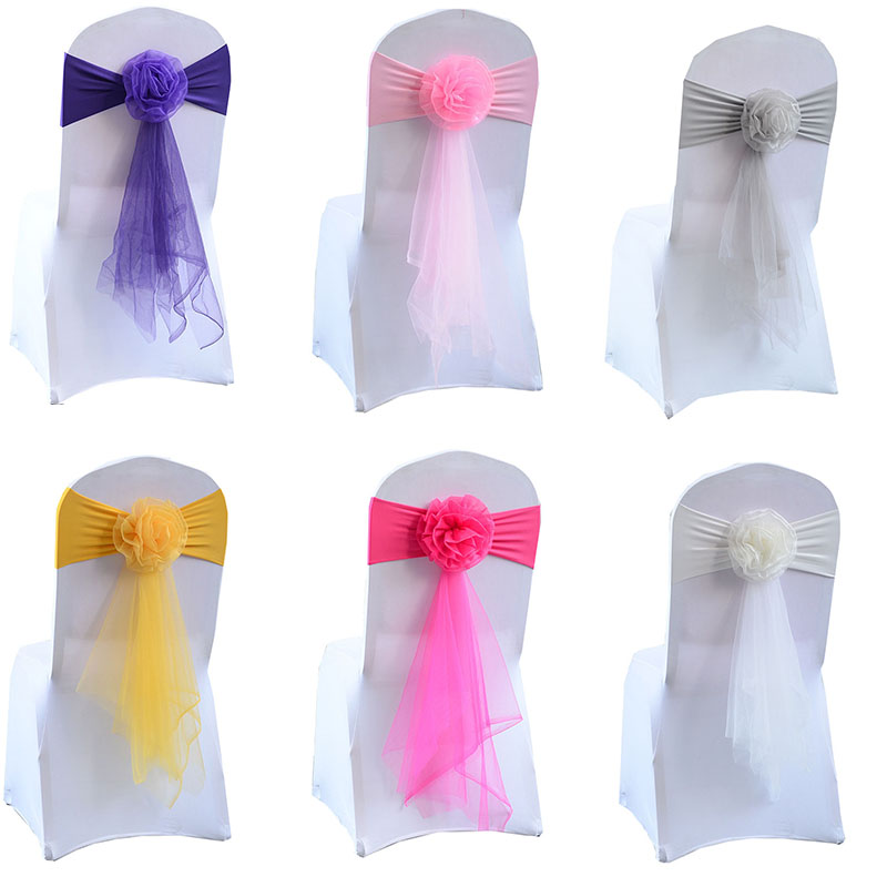

Sashes 100pcs Spandex Organza Floral Tassel Chair Sash Elastic Silk Band Bow Ties Wedding Party Banquet Supply