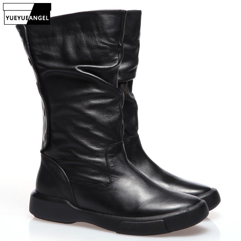

Hot Sale Autumn Winter New Genuine Leather Womens Wedges Boots Fashion Rear Buckle Pleated Round Toe Casual Female Mid Boots, Black