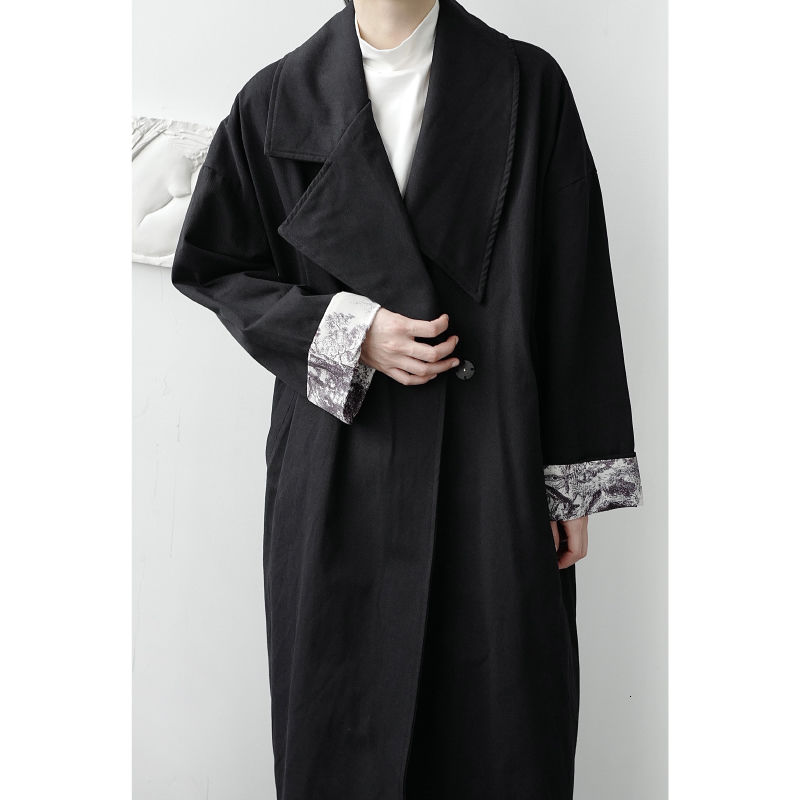 

EWQ / men' wear 2020 new autumn male' asymmetrical collar print lining Korean loose trench coat mid-length windbreaker 9Y3947, Black
